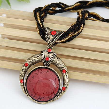 Resin Necklace, Tibetan Style, with Glass Seed Beads & Resin, Flat Round, antique bronze color plated, deep red, lead & cadmium free, 400x76x50mm, Sold Per Approx 15.75 Inch Strand