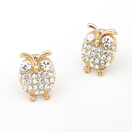 Rhinestone Earring, Tibetan Style, with Czech Rhinestone, Owl, gold color plated, lead & cadmium free, 18x14mm, Sold By Pair