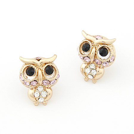 Tibetan Style Stud Earring, with Rhinestone, Owl, gold color plated, lead & cadmium free, 17x13mm, Sold By Pair