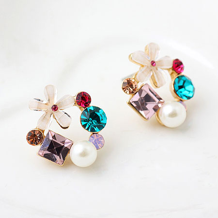 Resin Earring, Tibetan Style, with ABS Plastic Pearl & Resin, Flower, real gold plated, with rhinestone, lead & cadmium free, 20mm, Sold By Pair