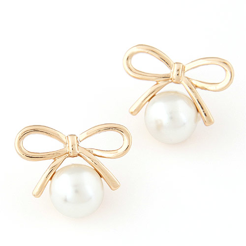Tibetan Style Stud Earring, with ABS Plastic Pearl, Bowknot, gold color plated, white, lead & cadmium free, 21x17mm, Sold By Pair