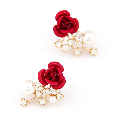 Rhinestone Earring Zinc Alloy with Glass Pearl & Rhinestone Flower real gold plated lead & cadmium free Sold By Pair