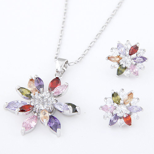Cubic Zirconia Micro Pave Brass Jewelry Sets, earring & necklace, with Cubic Zirconia, Flower, platinum plated, multi-colored, lead & cadmium free, 25x32mm, 13mm, Length:Approx 15.75 Inch, Sold By Set