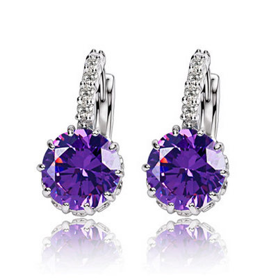 Brass Leverback Earring Flat Round platinum color plated with cubic zirconia purple lead & cadmium free Sold By Pair