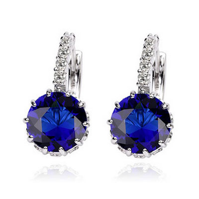 Brass Leverback Earring Flat Round platinum color plated with cubic zirconia dark blue lead & cadmium free Sold By Pair