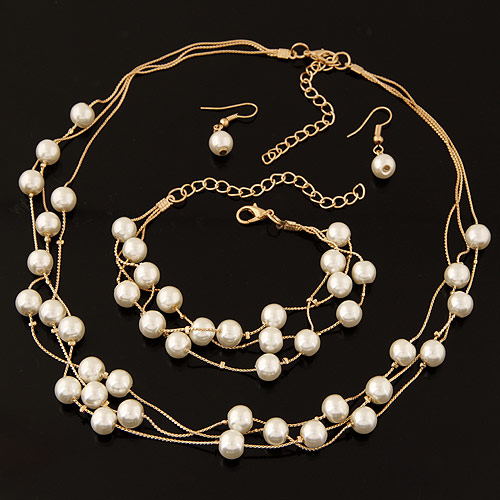Conjuntos de joyería de aleación de zinc, pulsera & pendiente & collar, Perlas de vidrio, chapado en color dorado, Blanco, 30x8mm, longitud:aproximado 15.5 Inch, aproximado 7.5 Inch, Vendido por Set