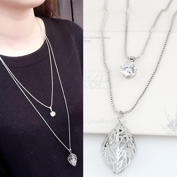 Multi Layer Necklace Zinc Alloy with acrylic rhinestone & iron chain Leaf platinum color plated box chain lead & cadmium free Sold Per Approx 21.65 Inch Strand