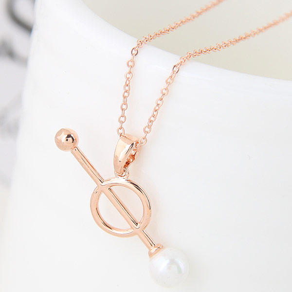 Brass Necklace, with pearl, rose gold color plated, oval chain, 400x28x9mm, Sold Per 15.75 Inch Strand