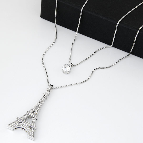 Zinc Alloy Sweater Chain Necklace with iron chain Eiffel Tower platinum color plated box chain & with rhinestone &  lead & cadmium free Sold Per Approx 27.56 Inch Strand