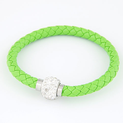 PU Leather Cord Bracelets, Tibetan Style clasp, platinum color plated, with rhinestone, fluorescent green, 200x13mm, Sold Per Approx 7.87 Inch Strand