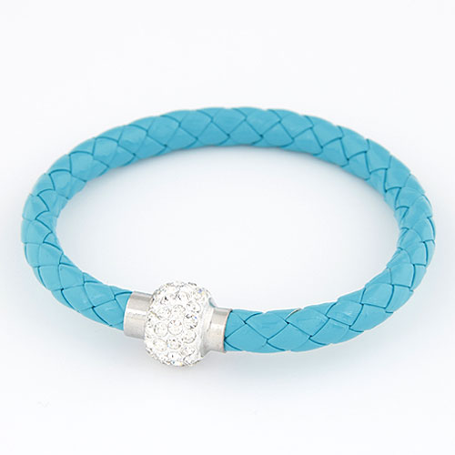 PU Leather Cord Bracelets, with Rhinestone, Tibetan Style clasp, platinum color plated, skyblue, 13mm, Sold Per Approx 7.87 Inch Strand