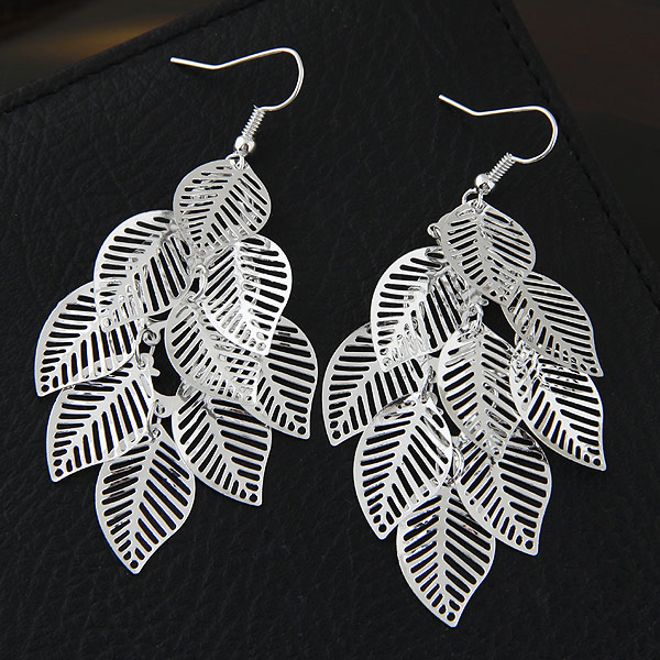 Tibetan Style Drop Earring, Leaf, platinum color plated, lead & cadmium free, 78x28mm, Sold By Pair