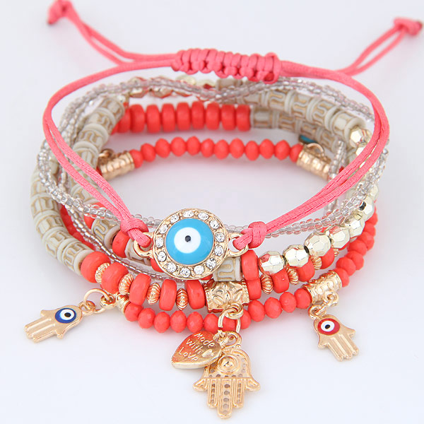 Evil Eye Jewelry Bracelet, Tibetan Style, with Nylon Cord & Glass Seed Beads, gold color plated, with rhinestone, lead & cadmium free, 175mm, Length:Approx 6.89 Inch, Sold By PC