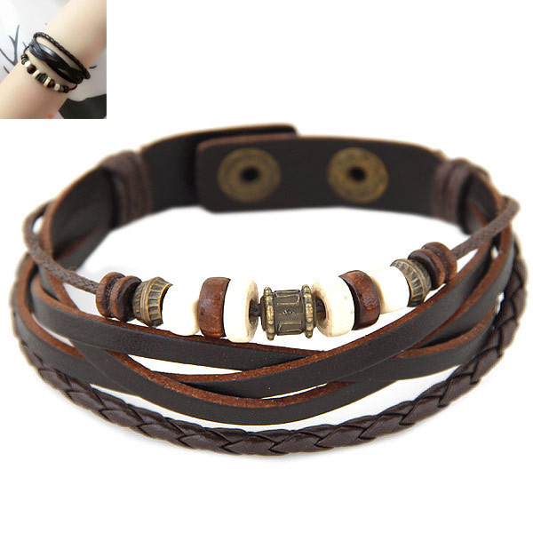 PU Leather Cord Bracelets, Tibetan Style, with PU Leather & Wood, antique bronze color plated, lead & cadmium free, 180mm, Sold Per Approx 7.09 Inch Strand