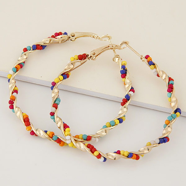 Tibetan Style Hoop Earring, with Glass Seed Beads, Donut, gold color plated, multi-colored, lead & cadmium free, 50mm, Sold By Pair