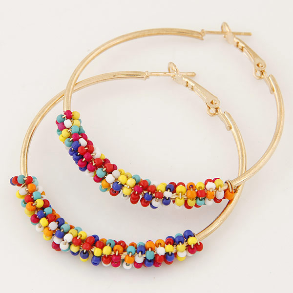 Zinc Alloy Hoop Earring with Glass Seed Beads Donut gold color plated multi-colored lead & cadmium free 50mm Sold By Pair