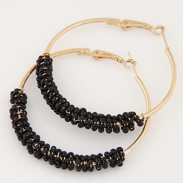 Tibetan Style Hoop Earring, with Glass Seed Beads, Donut, gold color plated, black, lead & cadmium free, 50mm, Sold By Pair