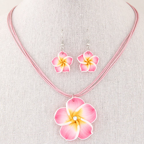 Jewelry Sets, earring & necklace, Polymer Clay, with Waxed Linen Cord, Flower, handmade, 400x40x20mm, Length:Approx 15.75 Inch, Sold By Set
