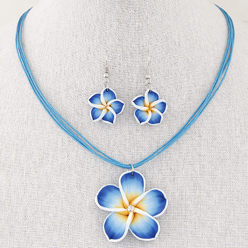 Polymer Clay Jewelry Set, earring & necklace, with Waxed Linen Cord, Flower, handmade, 400x40x20mm, Length:15.75 Inch, Sold By Set