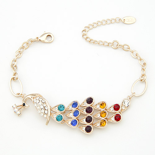 Brass Bracelet, Peacock, gold color plated, with cubic zirconia, multi-colored, lead & cadmium free, 190x23mm, Sold Per Approx 6.5 Inch Strand