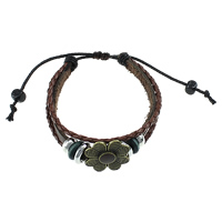 Cowhide Bracelet, with Wood & Tibetan Style, Flower, plated, adjustable & 3-strand & enamel, deep coffee color, 5.5x10mm, 3.5x11.5mm, 3.5x13mm, 24x6mm, 6mm, Length:7-10.5 Inch, 5Strands/Lot, Sold By Lot