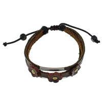 Cowhide Bracelet, with Nylon Cord & Wood & Tibetan Style, Flower, plated, adjustable & 3-strand, deep coffee color, 14x14x4mm, 3mm, 6mm, Length:7-10 Inch, 5Strands/Lot, Sold By Lot