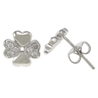 Brass Stud Earring, Four Leaf Clover, platinum plated, with cubic zirconia, nickel, lead & cadmium free, 8x8x12.50mm, 20Pairs/Lot, Sold By Lot