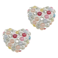 Clay Pave, with Resin Pearl, Heart, with 70 pcs rhinestone & half-drilled, 14x12x8mm, Hole:Approx 0.8mm, 30PCs/Lot, Sold By Lot