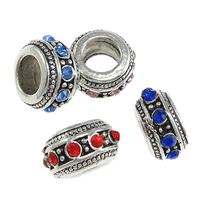 Tibetan Style Large Hole Bead, Rondelle, antique silver color plated, with rhinestone, more colors for choice, nickel, lead & cadmium free, 7x12mm, Hole:Approx 6.5mm, 100PCs/Lot, Sold By Lot