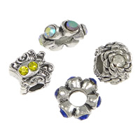 Tibetan Style Large Hole Bead, antique silver color plated, with rhinestone & mixed, nickel, lead & cadmium free, 5-11x11-13mm, Hole:Approx 4-5mm, 100PCs/Lot, Sold By Lot