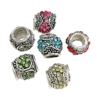 Tibetan Style European Beads, Drum, antique silver color plated, without troll & with rhinestone, more colors for choice, nickel, lead & cadmium free, 10x10mm, Hole:Approx 5mm, 50PCs/Lot, Sold By Lot