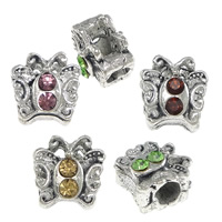 Tibetan Style Large Hole Bead, Butterfly, antique silver color plated, with rhinestone, more colors for choice, nickel, lead & cadmium free, 11x11x8.50mm, Hole:Approx 3.5x2.5mm, 100PCs/Lot, Sold By Lot