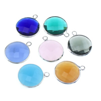Brass Jewelry Pendants, with Glass, Flat Round, silver color plated, faceted, mixed colors, nickel, lead & cadmium free, 16x16x5mm, Hole:Approx 2mm, 20PCs/Lot, Sold By Lot