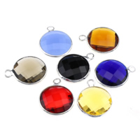 Brass Jewelry Pendants, with Glass, Flat Round, silver color plated, faceted, mixed colors, nickel, lead & cadmium free, 14x14x6mm, Hole:Approx 2mm, 20PCs/Lot, Sold By Lot