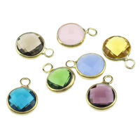 Brass Jewelry Pendants, with Glass, Flat Round, gold color plated, faceted, mixed colors, nickel, lead & cadmium free, 8x8x4mm, Hole:Approx 1.5mm, 30PCs/Lot, Sold By Lot