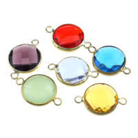 Glass Connector, Brass, with Glass, Flat Round, gold color plated, faceted & 1/1 loop, mixed colors, nickel, lead & cadmium free, 21x14x6mm, Hole:Approx 2mm, 20PCs/Lot, Sold By Lot