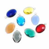 Brass Jewelry Pendants, with Glass, Flat Oval, silver color plated, faceted, mixed colors, nickel, lead & cadmium free, 13x18x5mm, Hole:Approx 2mm, 20PCs/Lot, Sold By Lot