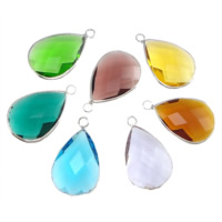 Brass Jewelry Pendants, with Glass, Teardrop, silver color plated, faceted, mixed colors, nickel, lead & cadmium free, 18x25x7mm, Hole:Approx 3mm, 10PCs/Lot, Sold By Lot