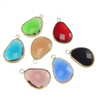 Brass Jewelry Pendants, with Glass, Teardrop, gold color plated, faceted, mixed colors, nickel, lead & cadmium free, 15x20x5mm, Hole:Approx 2mm, 20PCs/Lot, Sold By Lot