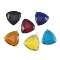 Brass Jewelry Pendants, with Glass, Triangle, silver color plated, faceted, mixed colors, nickel, lead & cadmium free, 18x18x6mm, Hole:Approx 2mm, 20PCs/Lot, Sold By Lot