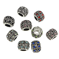 Tibetan Style European Beads, Drum, silver color plated, without troll & with rhinestone & blacken, mixed colors, nickel, lead & cadmium free, 8x10mm, Hole:Approx 5mm, 100PCs/Lot, Sold By Lot