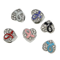 Tibetan Style European Beads, Heart, platinum color plated, without troll & enamel & with rhinestone, mixed colors, nickel, lead & cadmium free, 10x10x9mm, Hole:Approx 4mm, 50PCs/Lot, Sold By Lot
