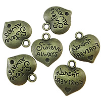 Tibetan Style Heart Pendants, antique bronze color plated, with letter pattern, nickel, lead & cadmium free, 14x15mm, Hole:Approx 1mm, 300PCs/Bag, Sold By Bag