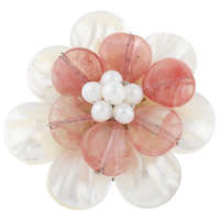 White Shell Brooch, with pearl & Cherry Quartz & Brass, Flower, natural, 51x49x20mm, Sold By PC