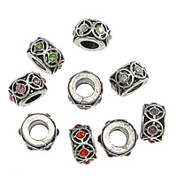 Tibetan Style European Beads, Rondelle, antique silver color plated, without troll & with rhinestone, mixed colors, nickel, lead & cadmium free, 6x10mm, Hole:Approx 5mm, 100PCs/Lot, Sold By Lot