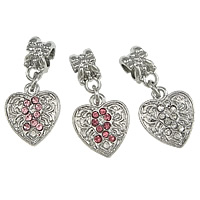 European Style Zinc Alloy Dangle Beads Heart platinum color plated without troll & with rhinestone mixed colors nickel lead & cadmium free 28mm  Approx 5mm Sold By Lot