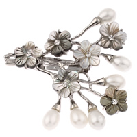 Shell Brooch, with Freshwater Pearl & Brass, Flower, white, 56x52mm, 6-7mm, Sold By PC