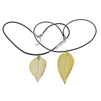 Waxed Nylon Cord Necklace, Real Leaf, with Waxed Nylon Cord, brass lobster clasp, with 1.5lnch extender chain, Leaf, plated, 22-40x56-71x3mm, 1.5mm, Length:Approx 18 Inch, 10Strands/Lot, Sold By Lot