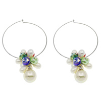 Freshwater Pearl Earrings, with South Sea Shell & Crystal, brass hoop earring, natural, faceted, multi-colored, 8x6mm, 6-7mm, 12mm, Sold By Pair