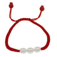 Bracelets Woven Ball perles d'eau douce, perle d'eau douce cultivée, avec corde en nylon & agate rouge, riz, naturel, blanc, 7-8mm, 8mm, Vendu par Environ 5 pouce brin